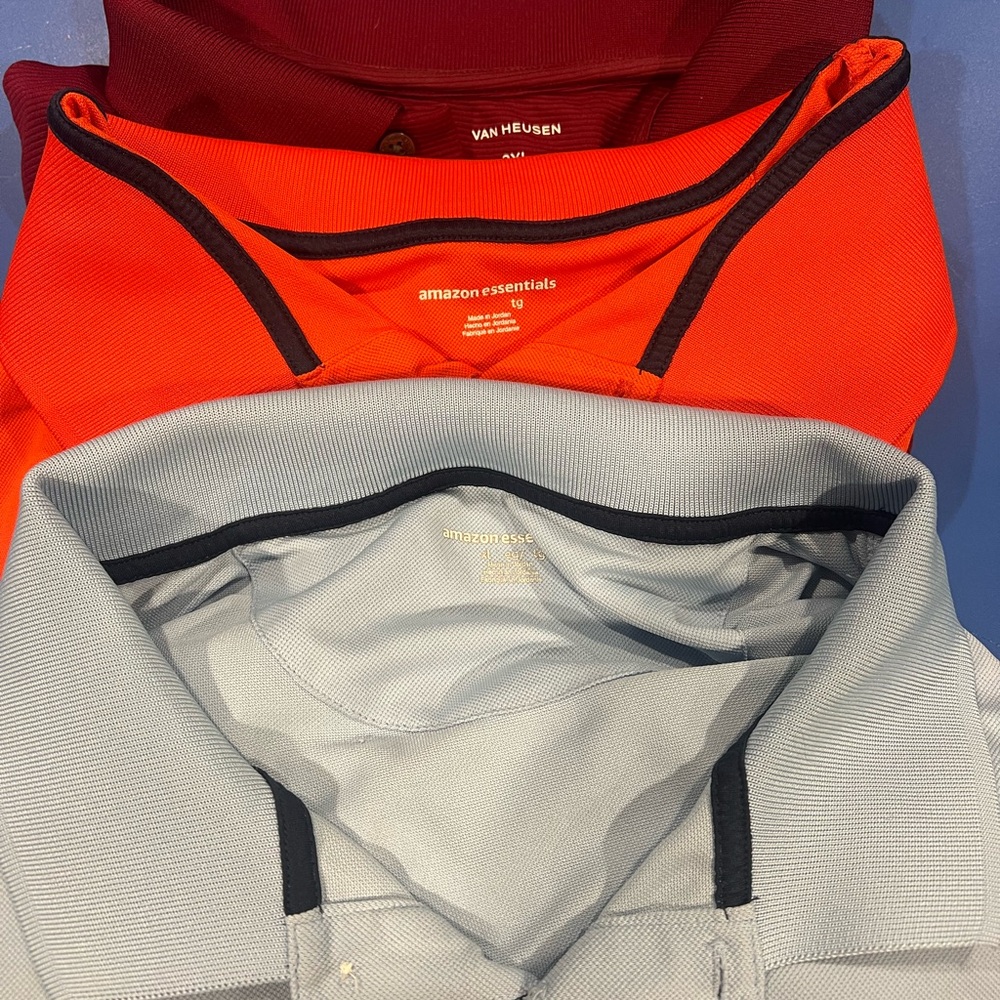 3 golf shirts/polo. Red/grey/maroon.